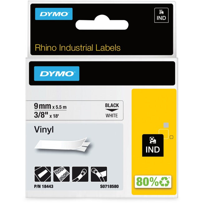 Dymo Rhino 3/8In X 18Ft, White Vinyl Labels