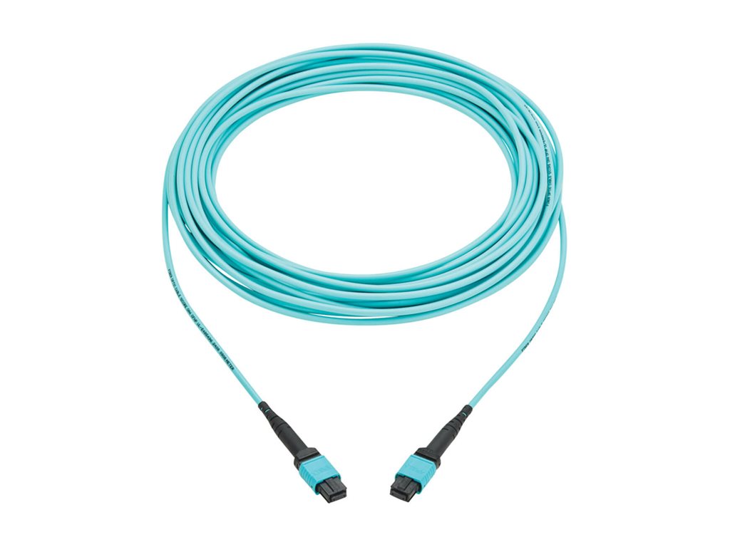 Eaton Tripp Lite Series 100G Multimode 50/125 OM4 Fiber Optic Cable 12F MPO/MPO-PC F/F Type-B Polarity OFNP Aqua 10M TAA - Network N845B-10M-12TAA