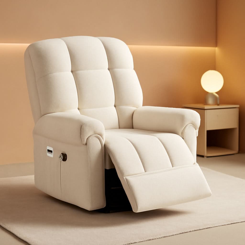 Electric Recliner Chair For Adults With USB Port And Teddy Fleece Beige White For Living Room