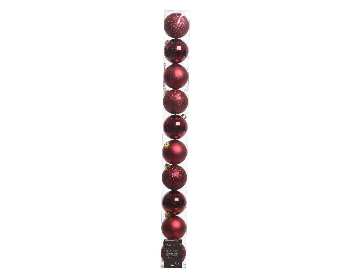 Elegant Assorted Shatterproof Ornaments - Set of 10 - Deep Ruby