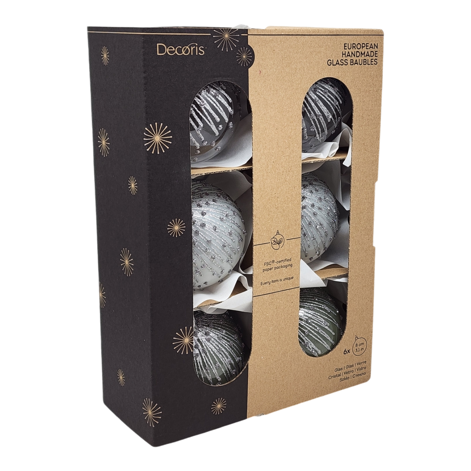 Enamel Ice Glass Ornament Set - 80mm - Silver and White