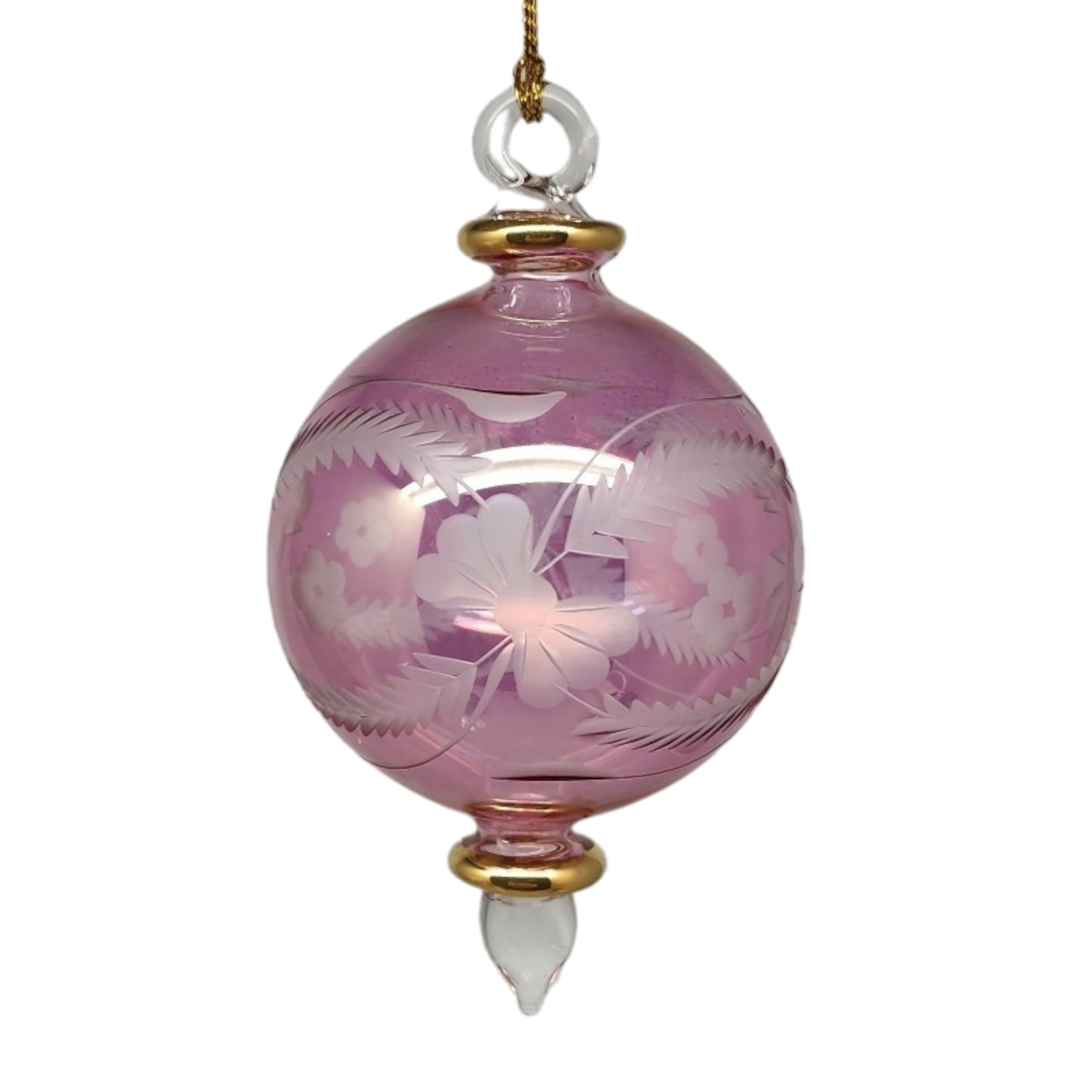 Etched Blown Glass Ball Ornament - Pink