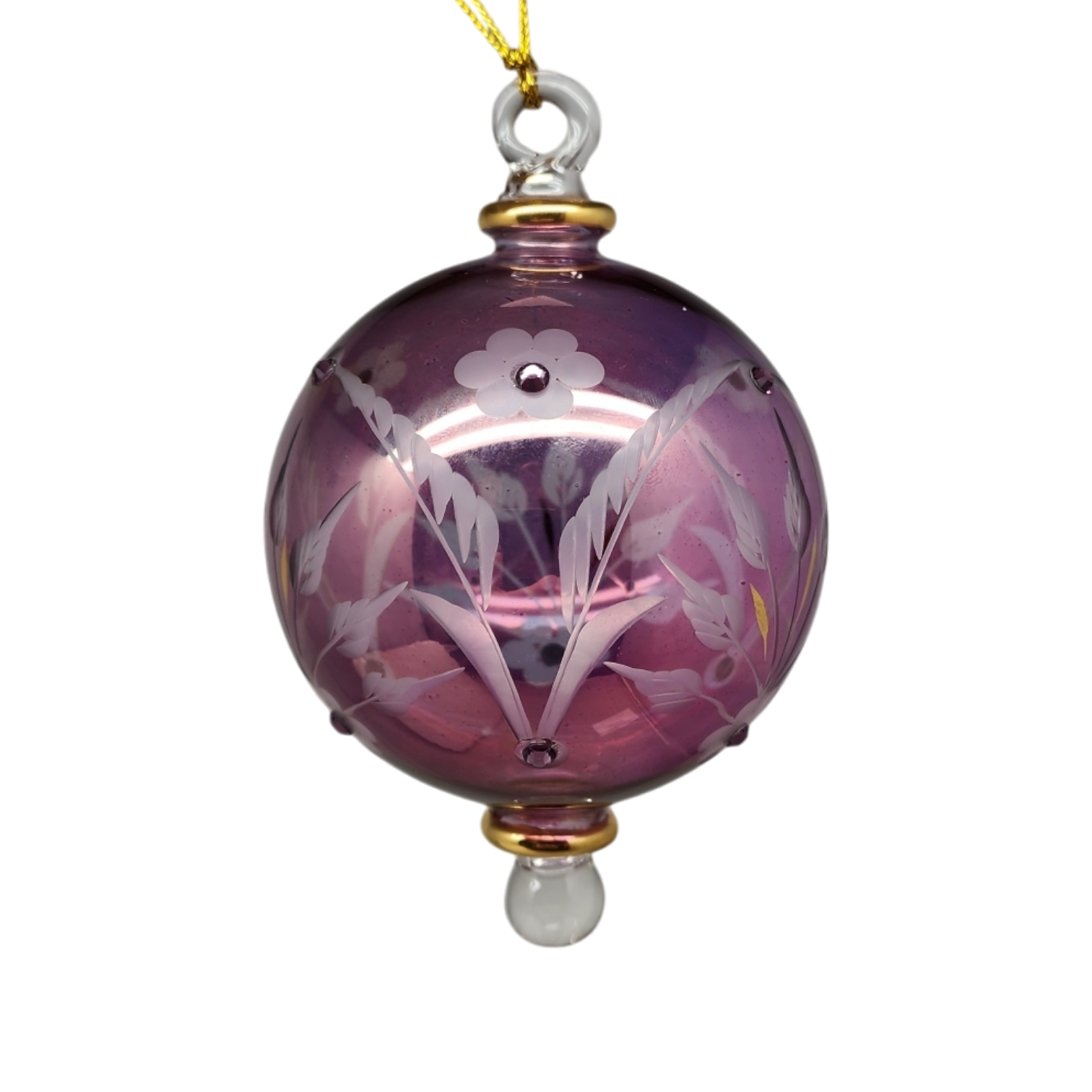 Etched Blown Glass Ball with Crystal Accents - Purple