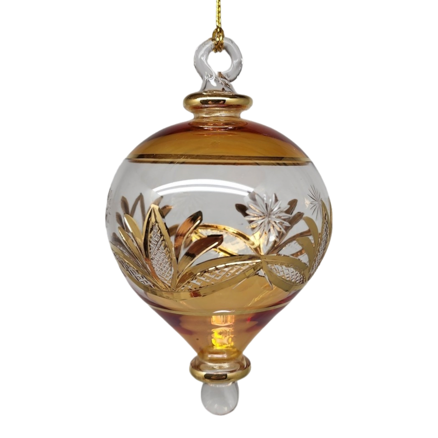 Etched Gold Teardrop Blown Glass Ornament - Gold