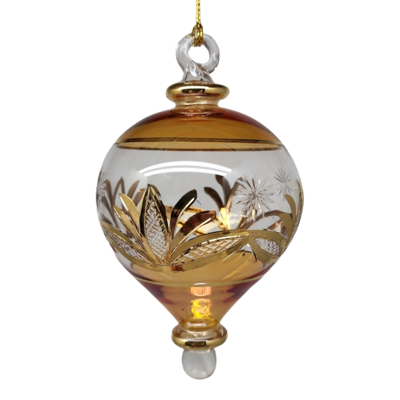 Etched Gold Teardrop Blown Glass Ornament - Gold