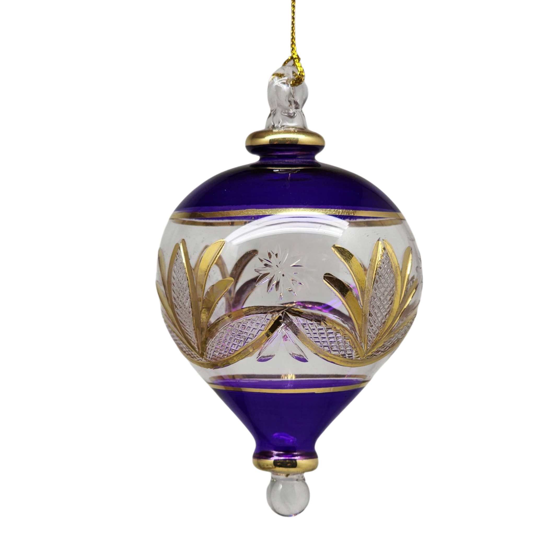 Etched Gold Teardrop Blown Glass Ornament - Purple