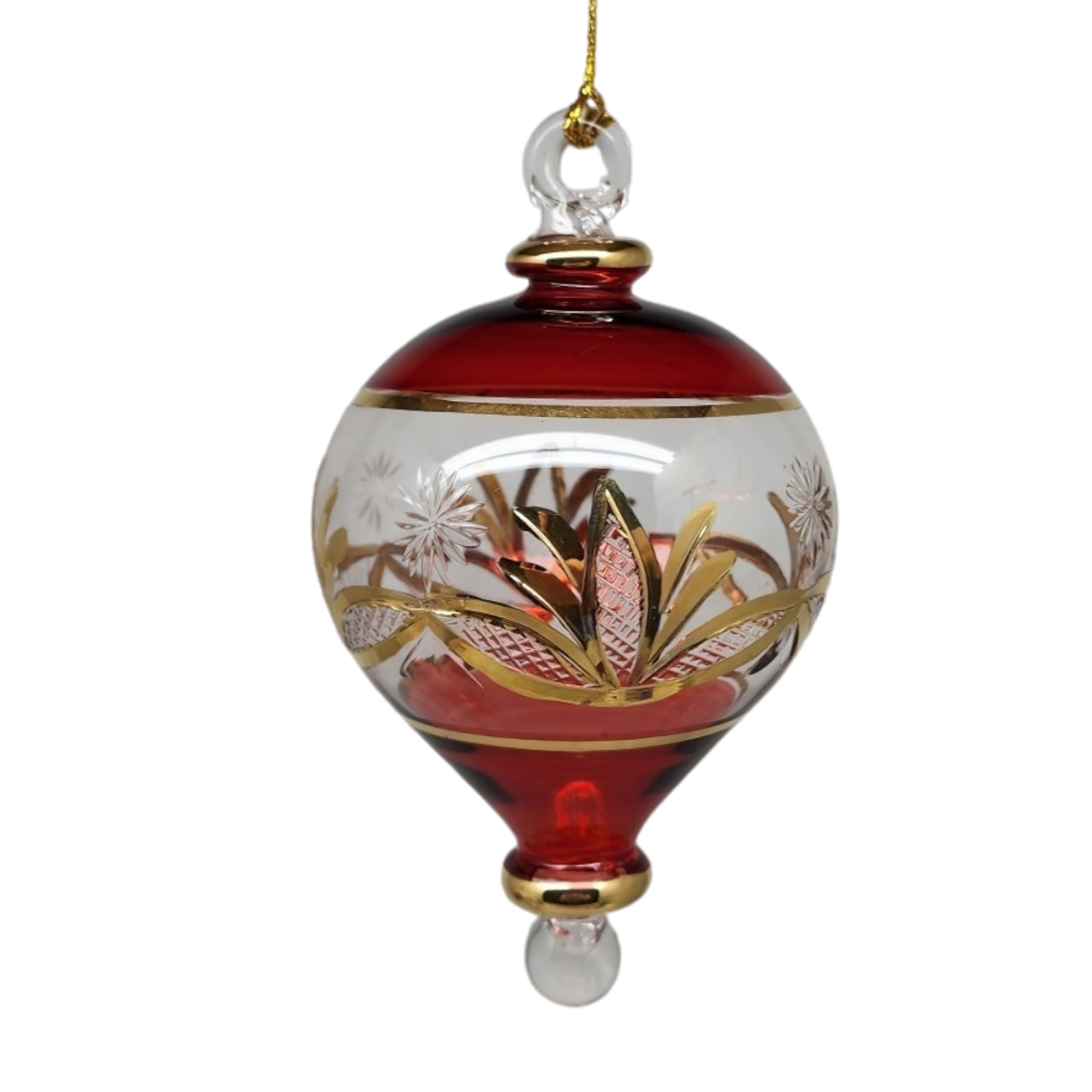 Etched Gold Teardrop Blown Glass Ornament - Red