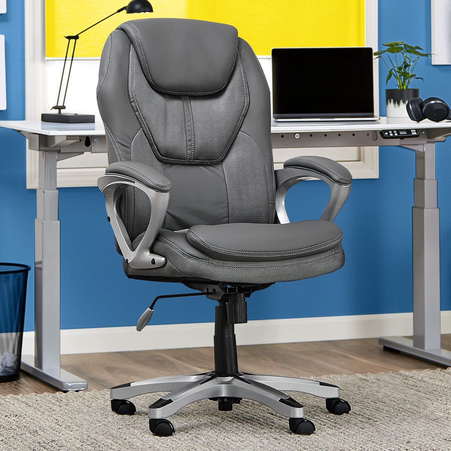 Executive Ergonomic Office Chair With Lumbar Support And Padded Arms Light Gray