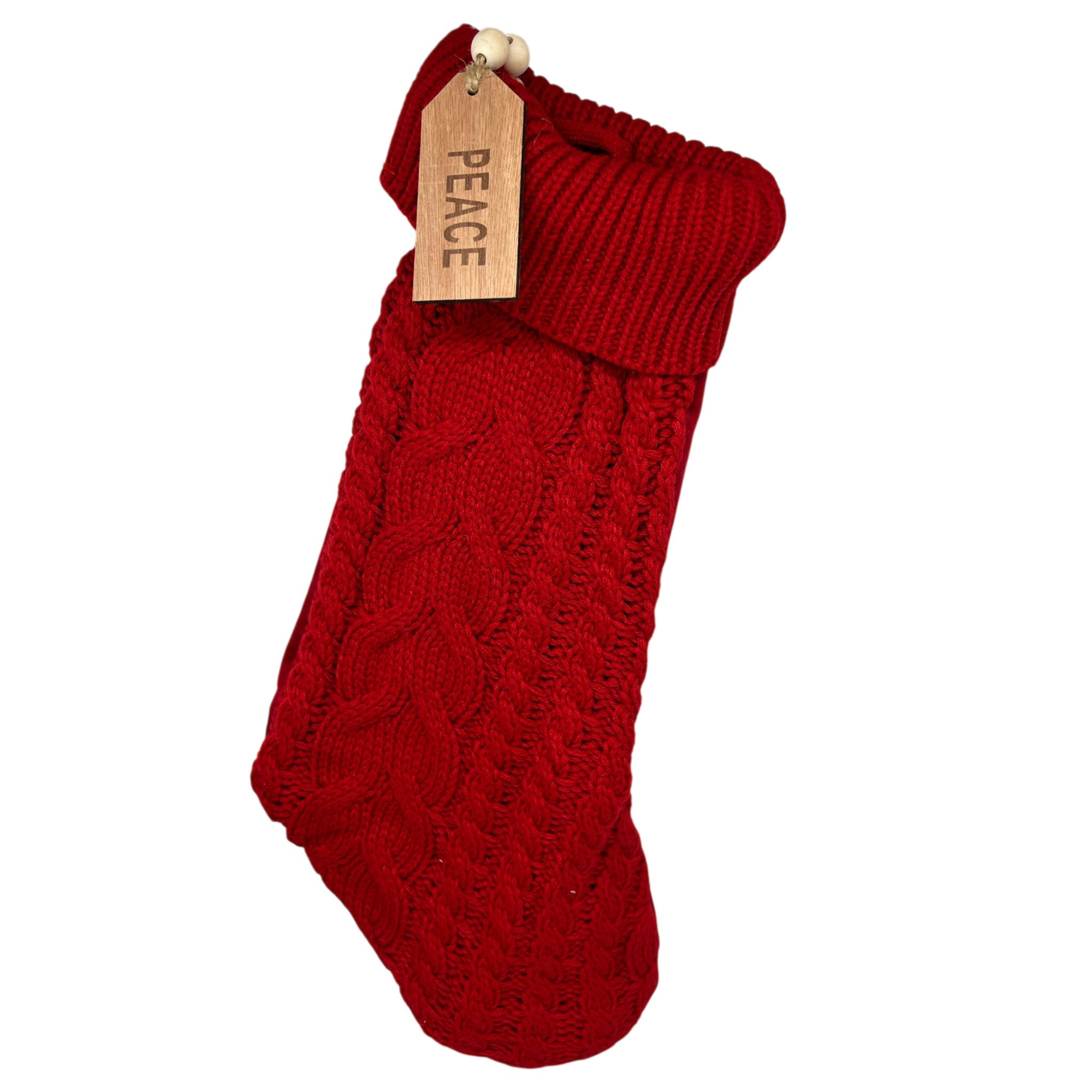 Fabric Knit Stocking Red With Peace Tag