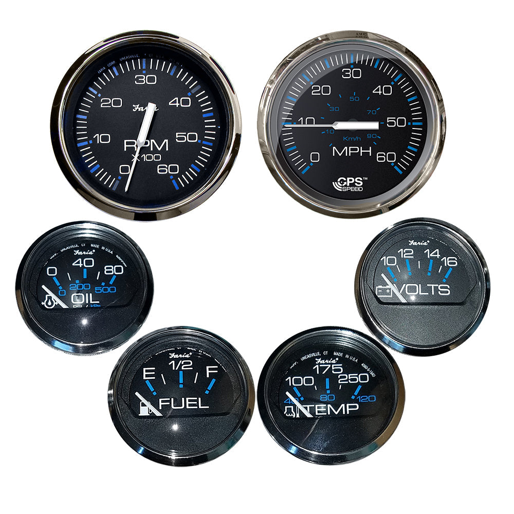 Faria Chesapeake Black w/Stainless Steel Bezel Boxed Set of 6 - Speed, Tach, Fuel Level,