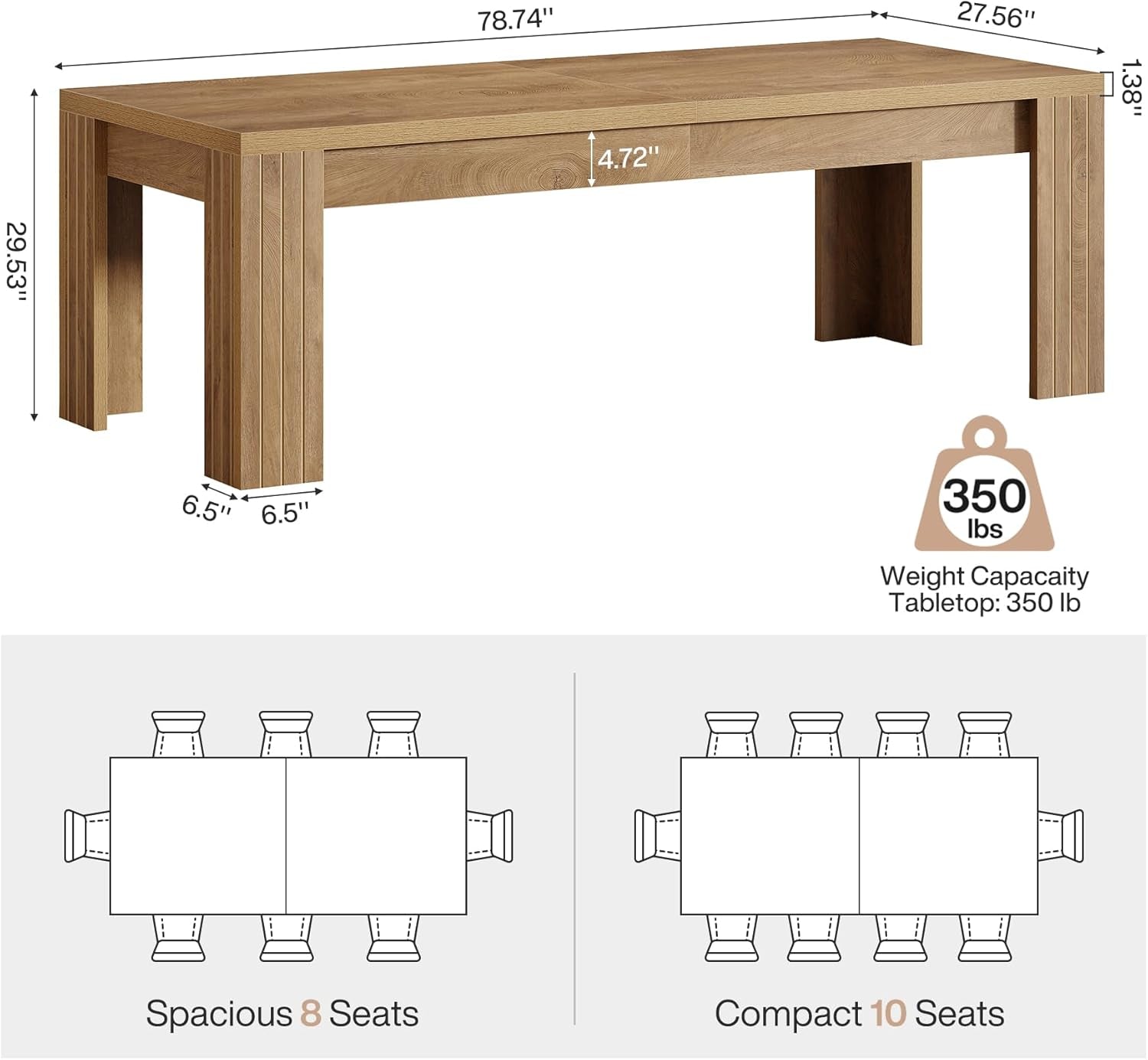 Farmhouse Rectangular Dining Table 78 Inch Natural Wood Seats 6 To 8