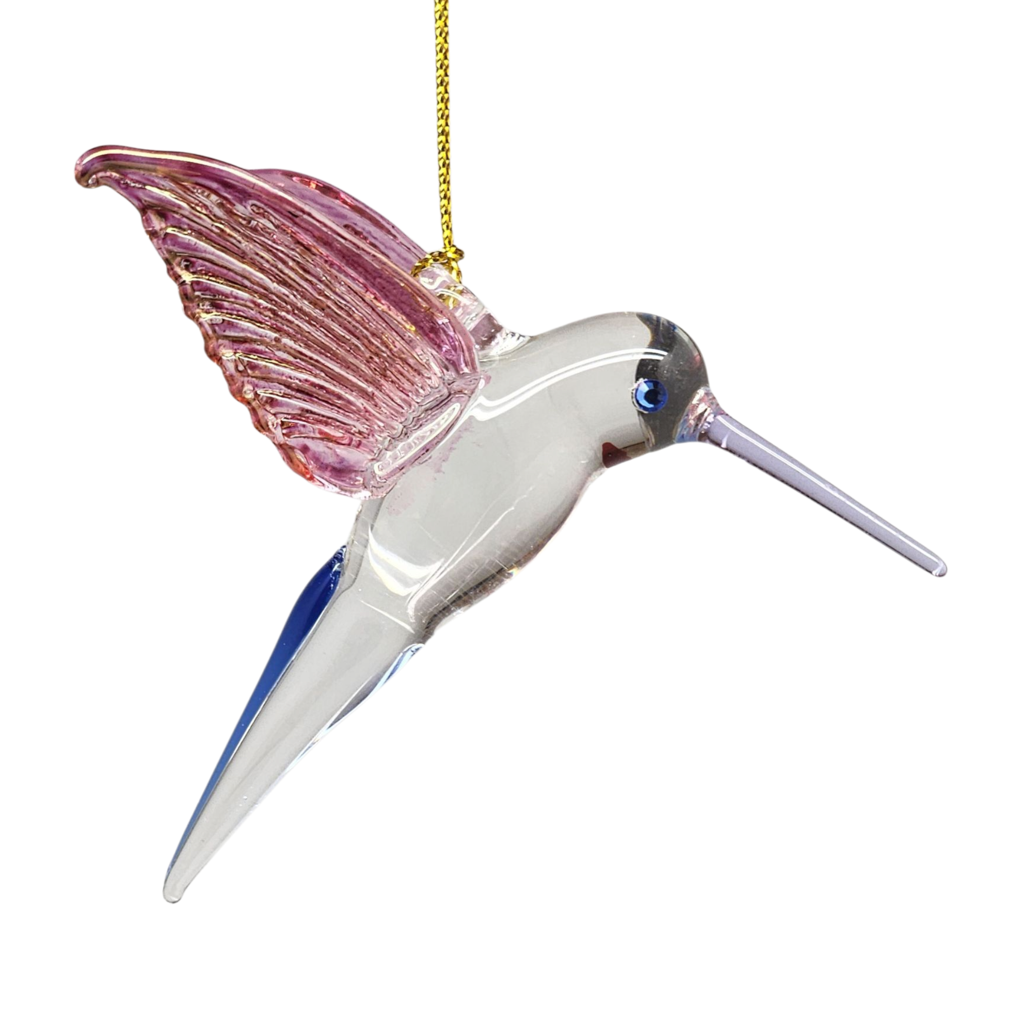 Feeding Hummingbird glass Ornament - Pink Wings / Blue Tail / Blue Beak