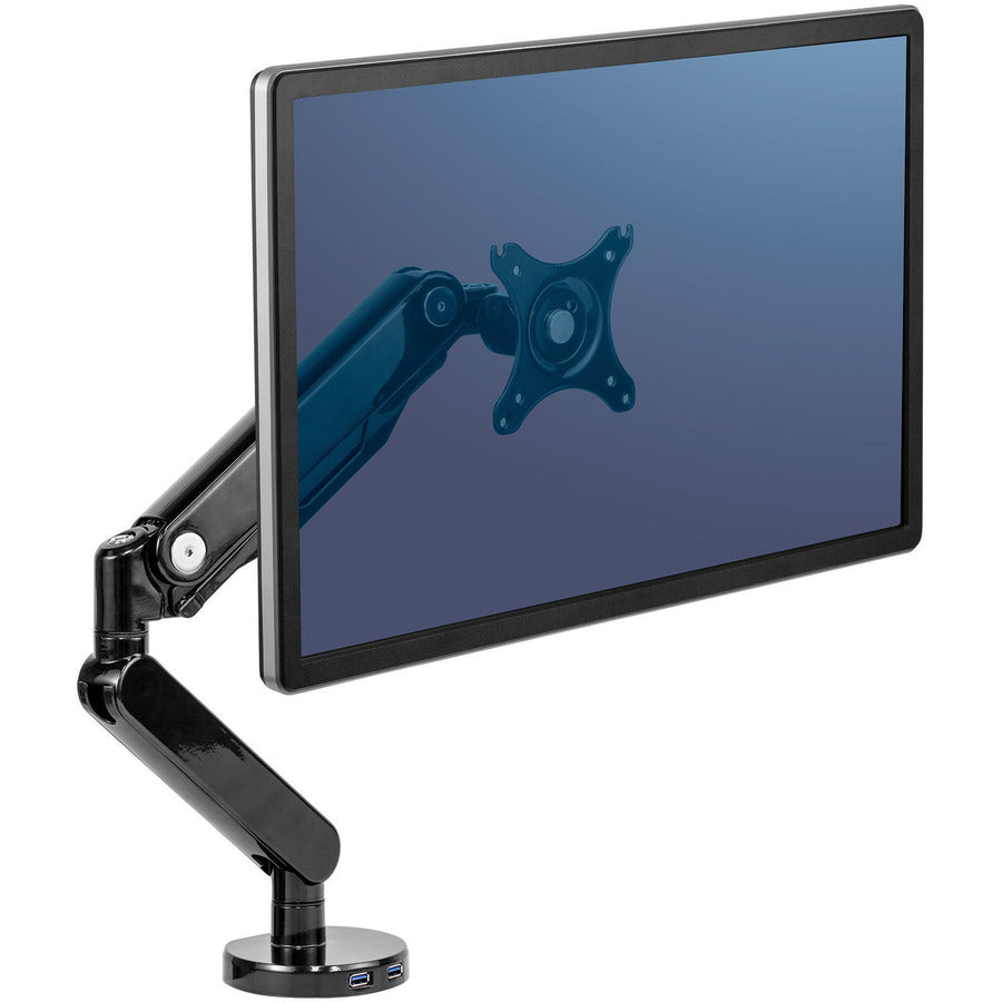 Fellowes Platinum Series High Quality Single Monitor Arm for 32-Inch Monitors, Full Motion, 360° Rotation, VESA Mount with Grommet or Clamp, USB Ports, Ergonomic, Black 8043301