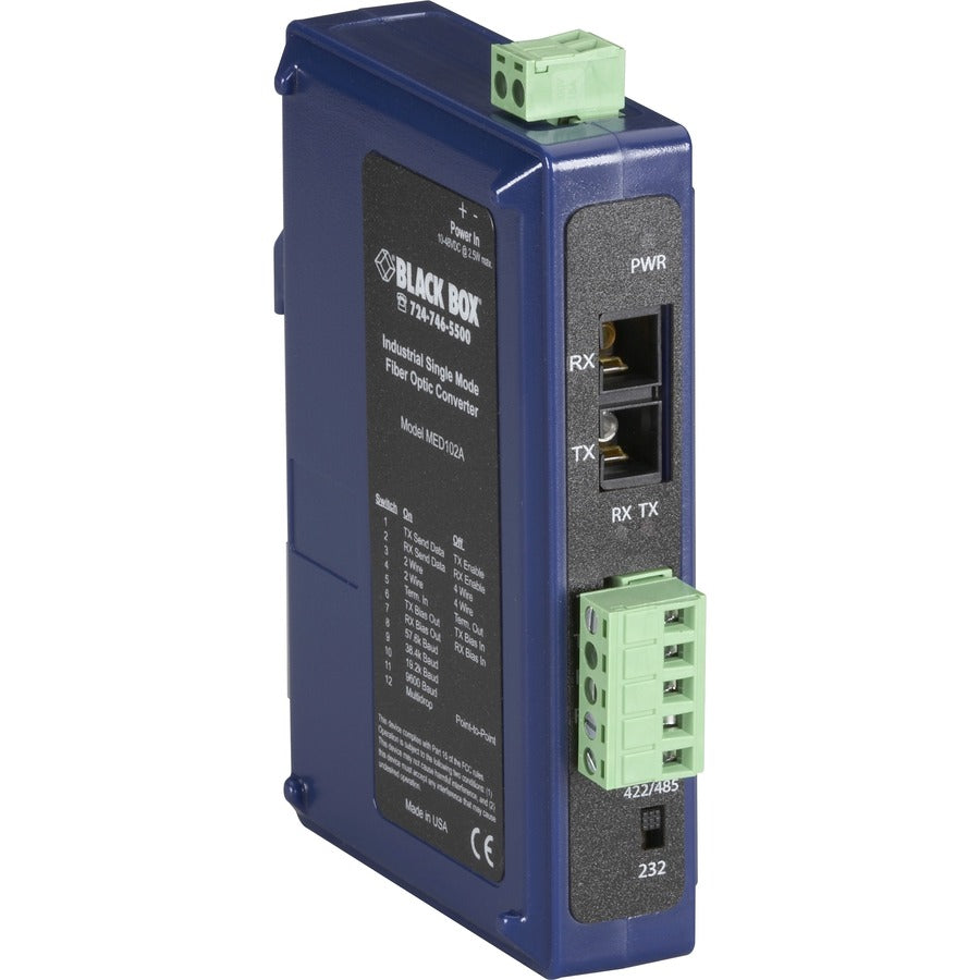 Fiber Extender - Black Box RS232 RS485 Single-Mode SC Industrial Serial | Tecisoft MED102A