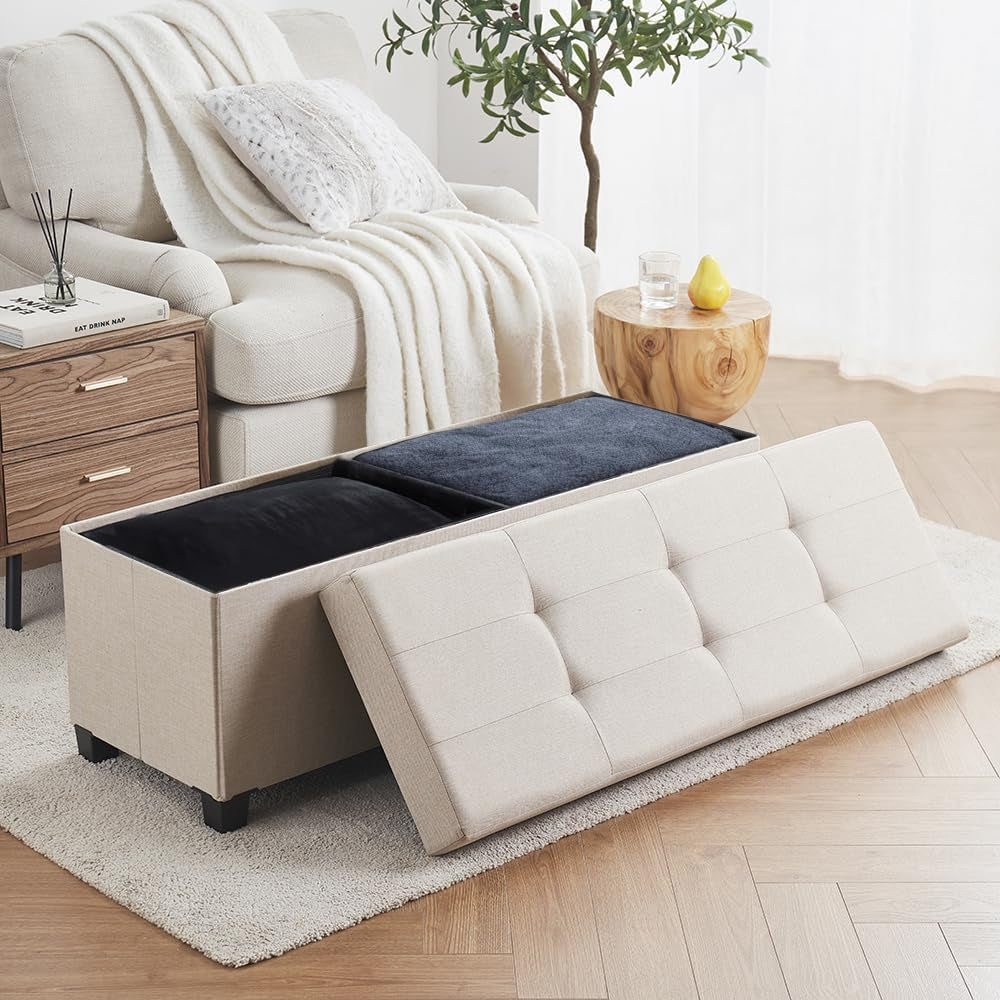 Forty Three Inches Beige Leatherette Storage Ottoman Lid