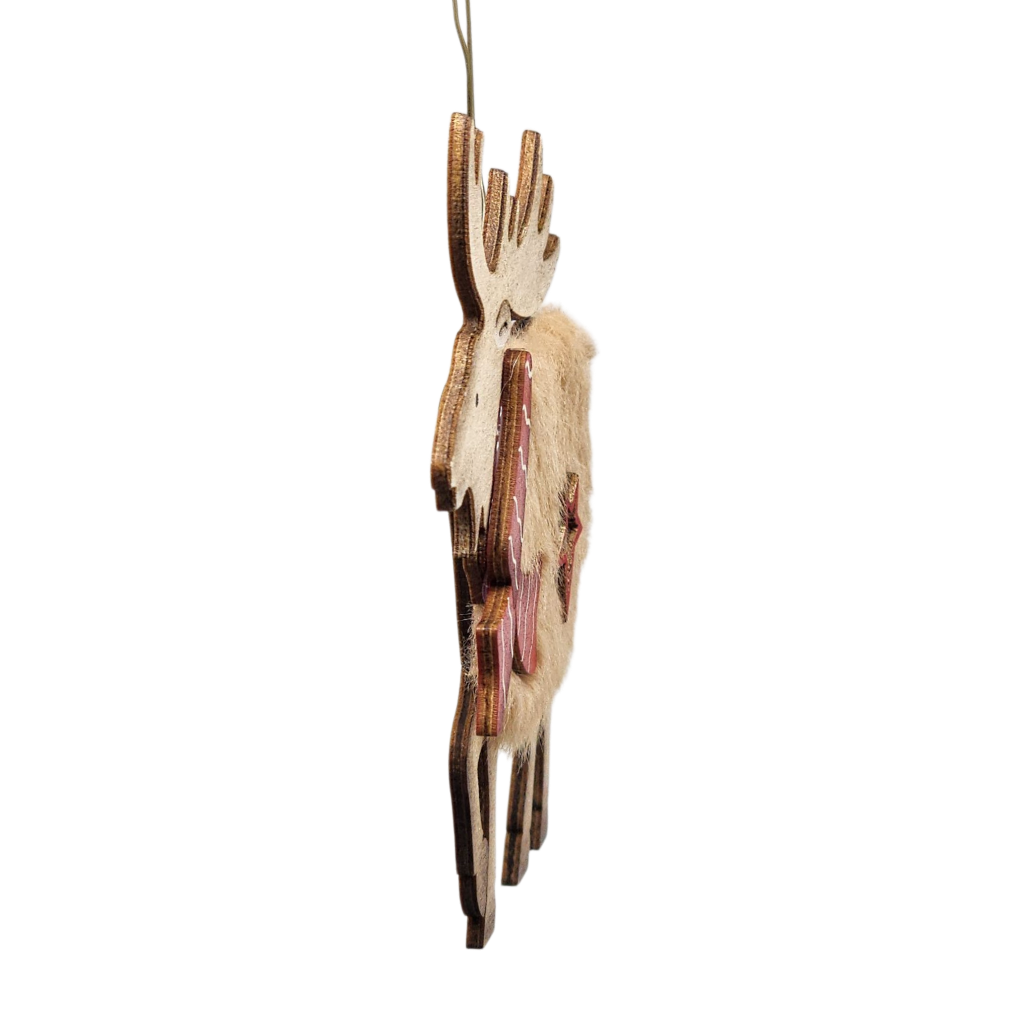 Fuzzy Wooden Reindeer Ornament - Looking Left