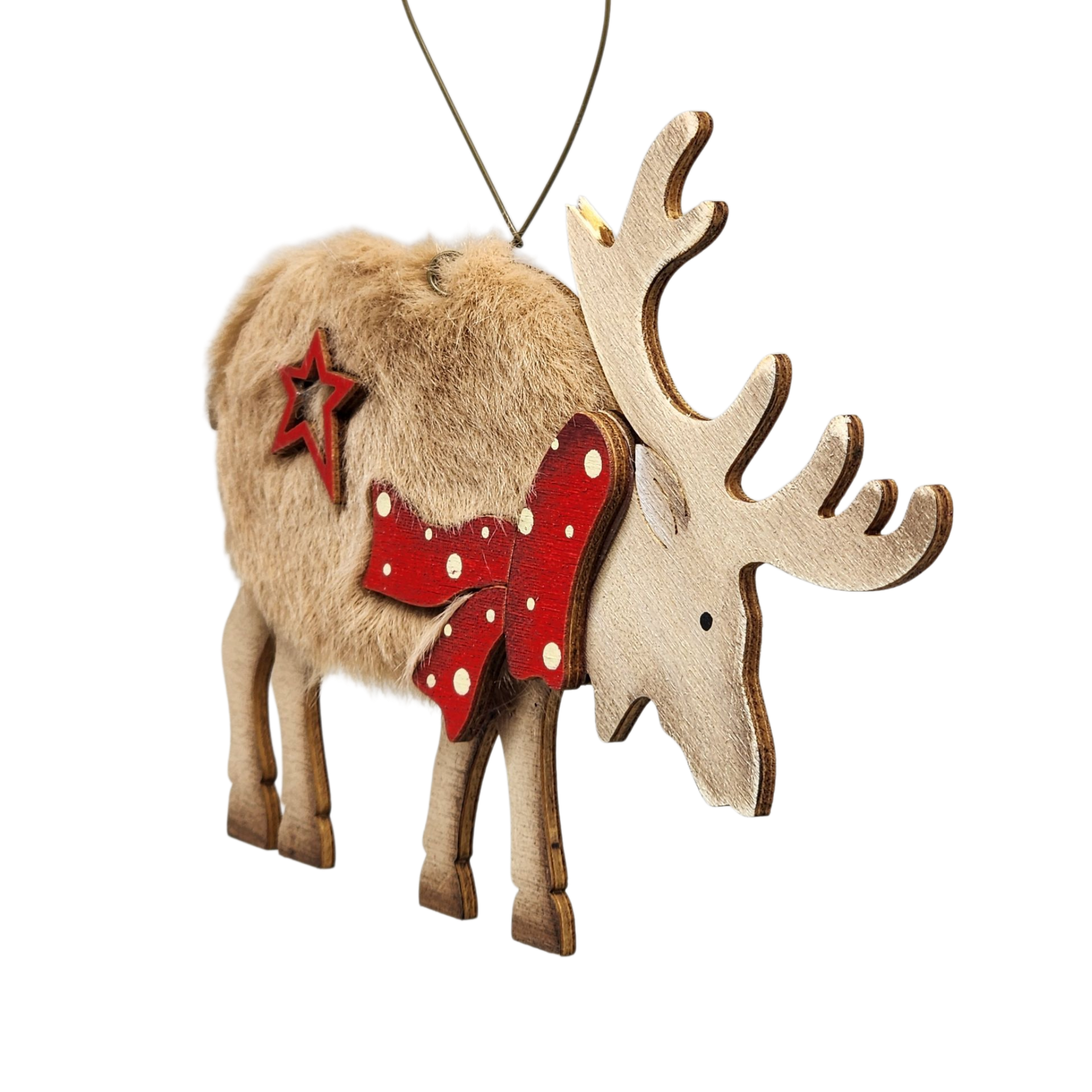 Fuzzy Wooden Reindeer Ornament - Looking Right