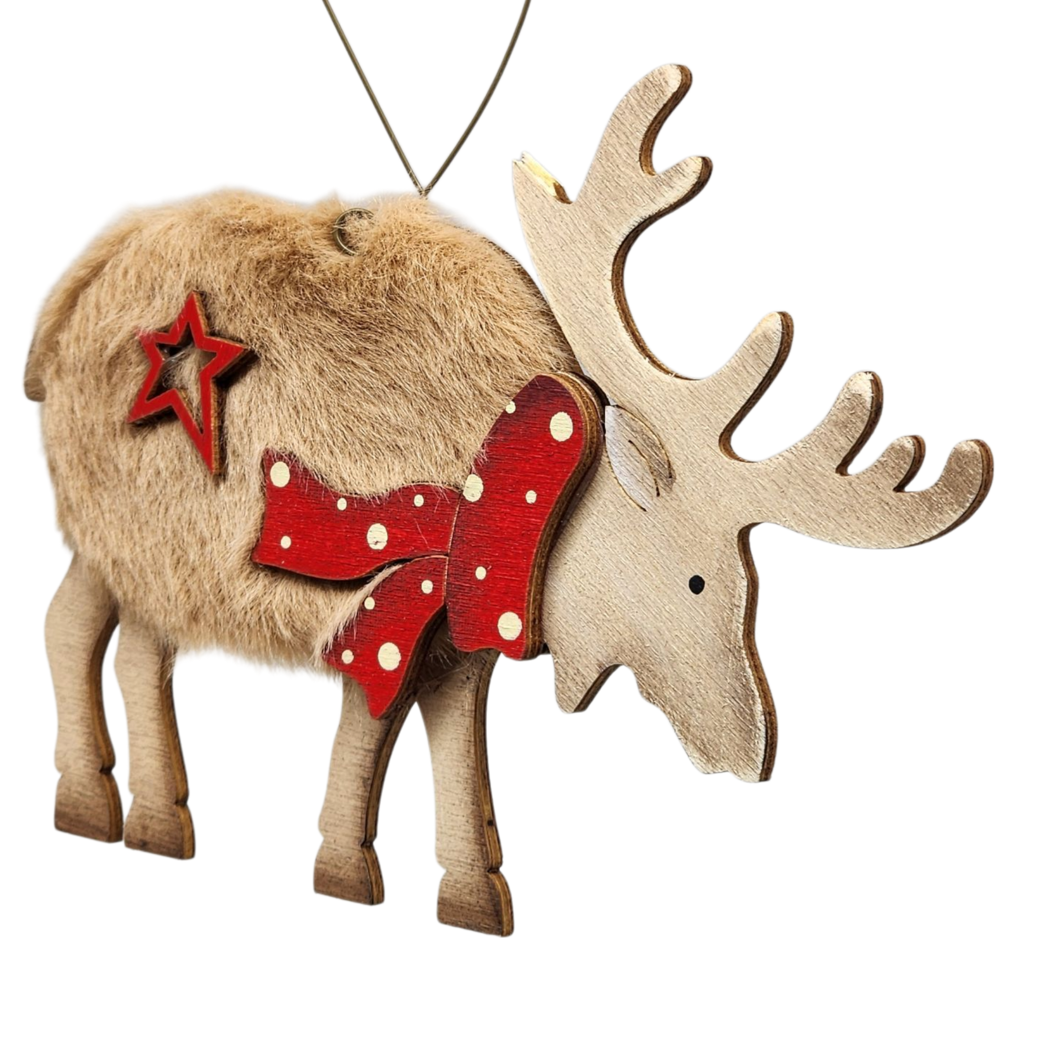 Fuzzy Wooden Reindeer Ornament - Looking Right