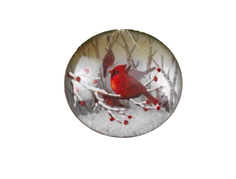 Glass Cardinal Disk Snow Filled Ornament - Branch Left