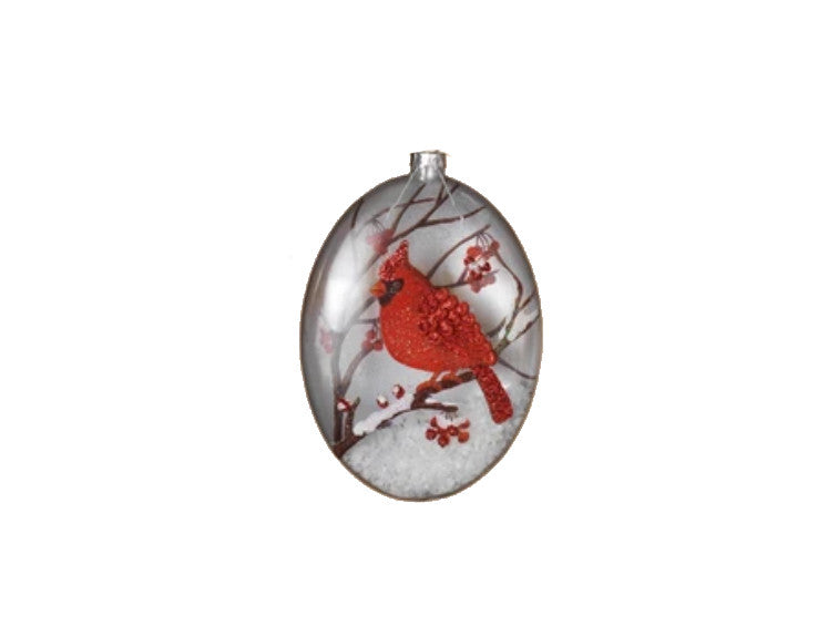 Glass Cardinal Disk Snow Filled Ornament - Oval