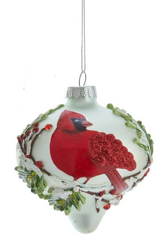 Glass Cardinal Frosted Glass Ornament - Onion Shape