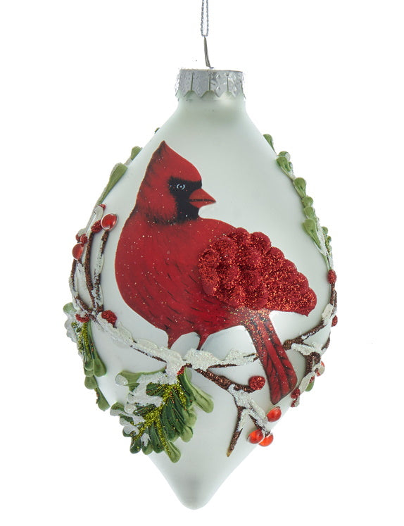 Glass Cardinal Frosted Glass Ornament - Teardrop Shape