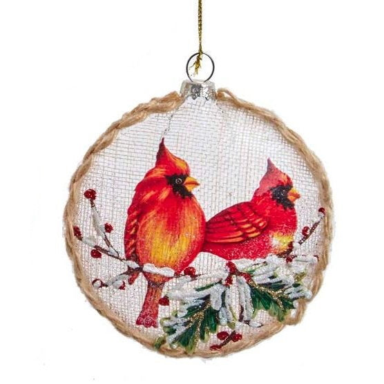Glass Disc With Cardinal Ornament - Pair with Berries