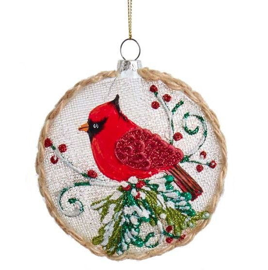Glass Disc With Cardinal Ornament - Single with Berries