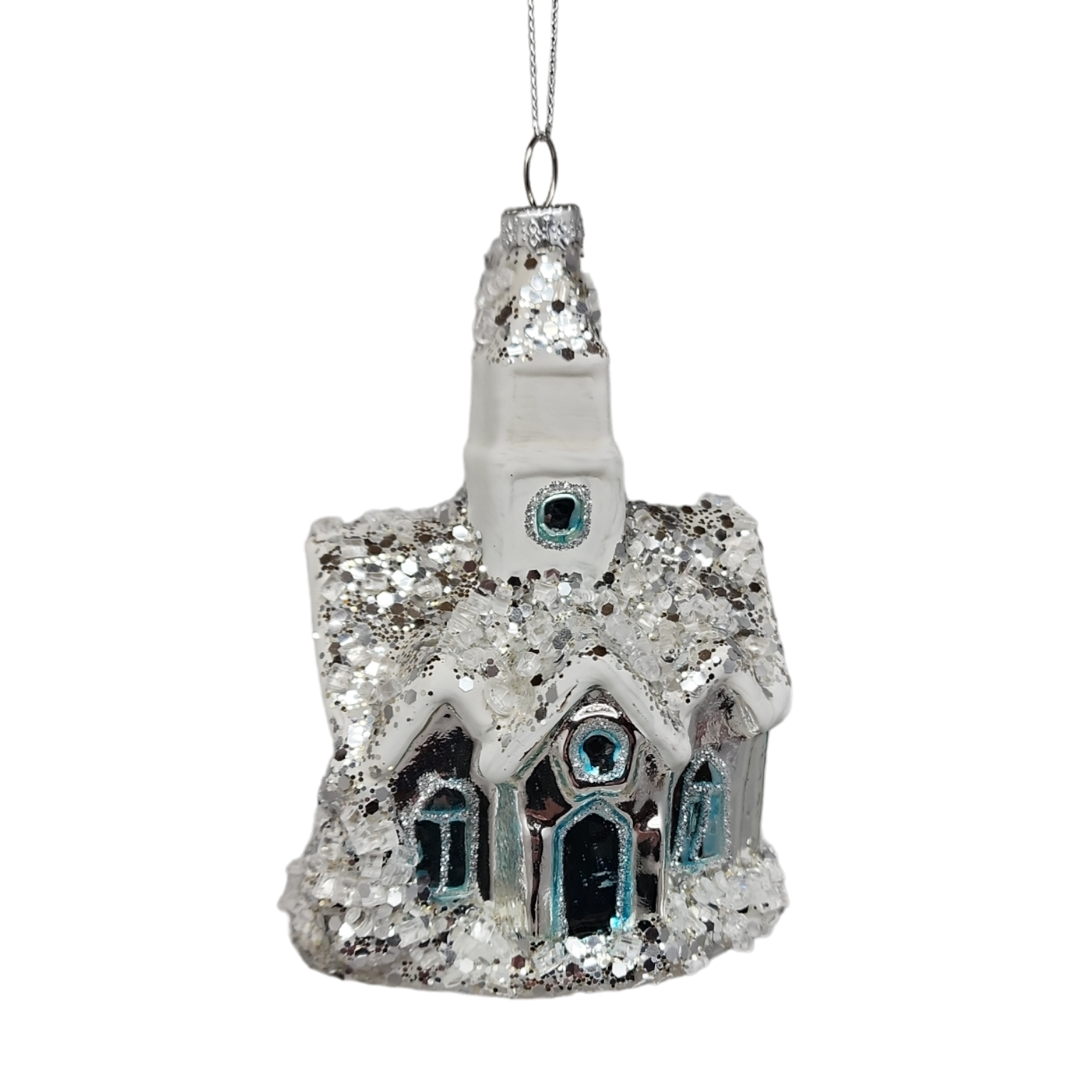 Glass Snowy Church Ornament -