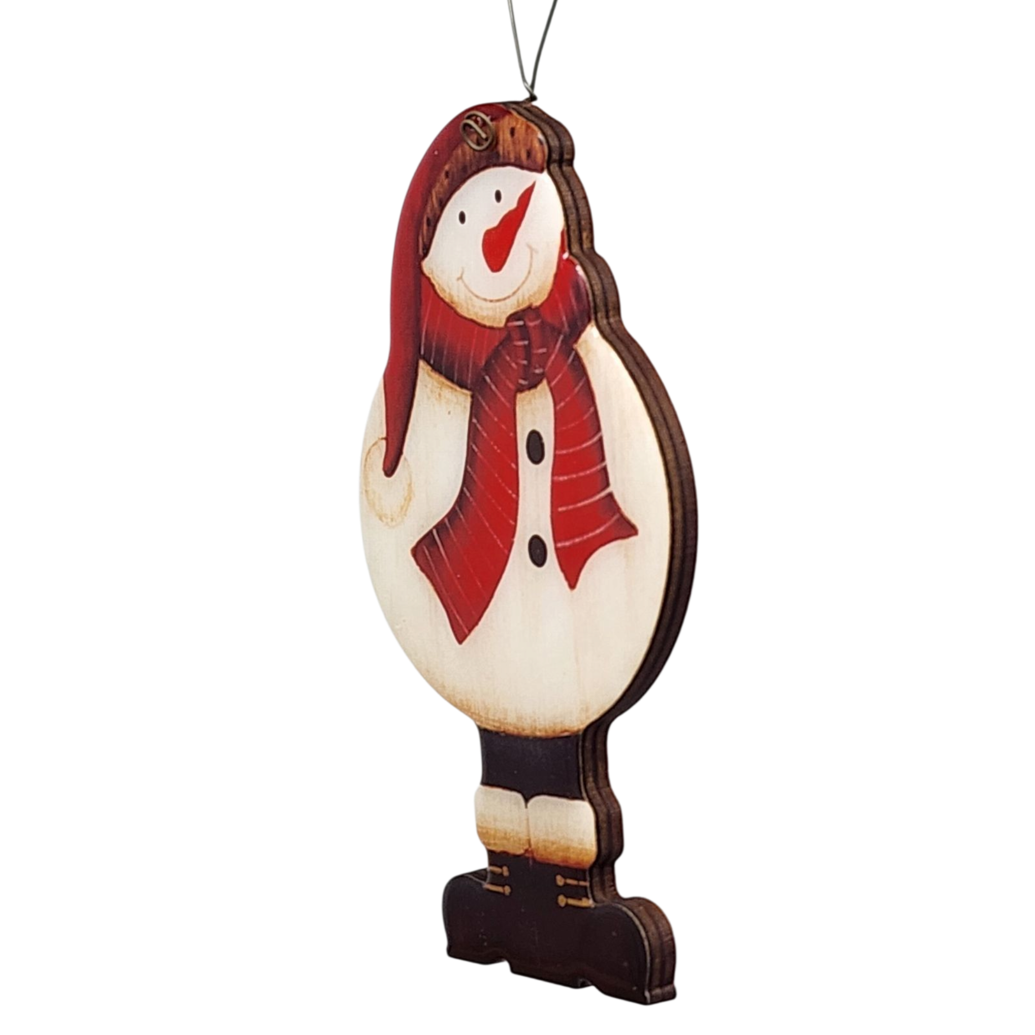 Glossy Wooden Snowman Ornament - 5 Inches