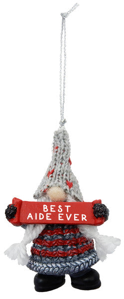 Gnome Holding Sign Ornament - Best Aide Ever