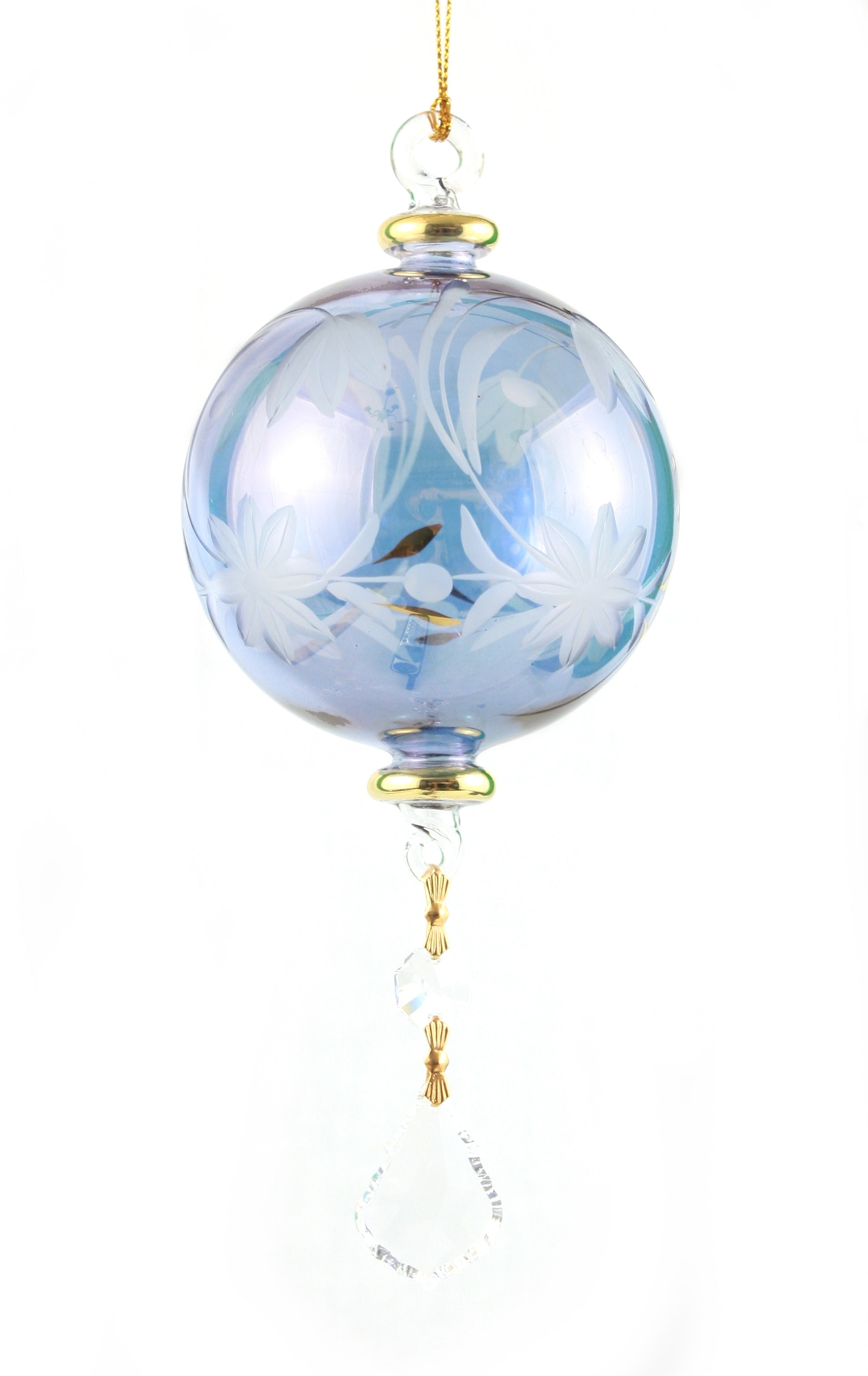 Gold Etched Glass Globe with Dangles - Blue