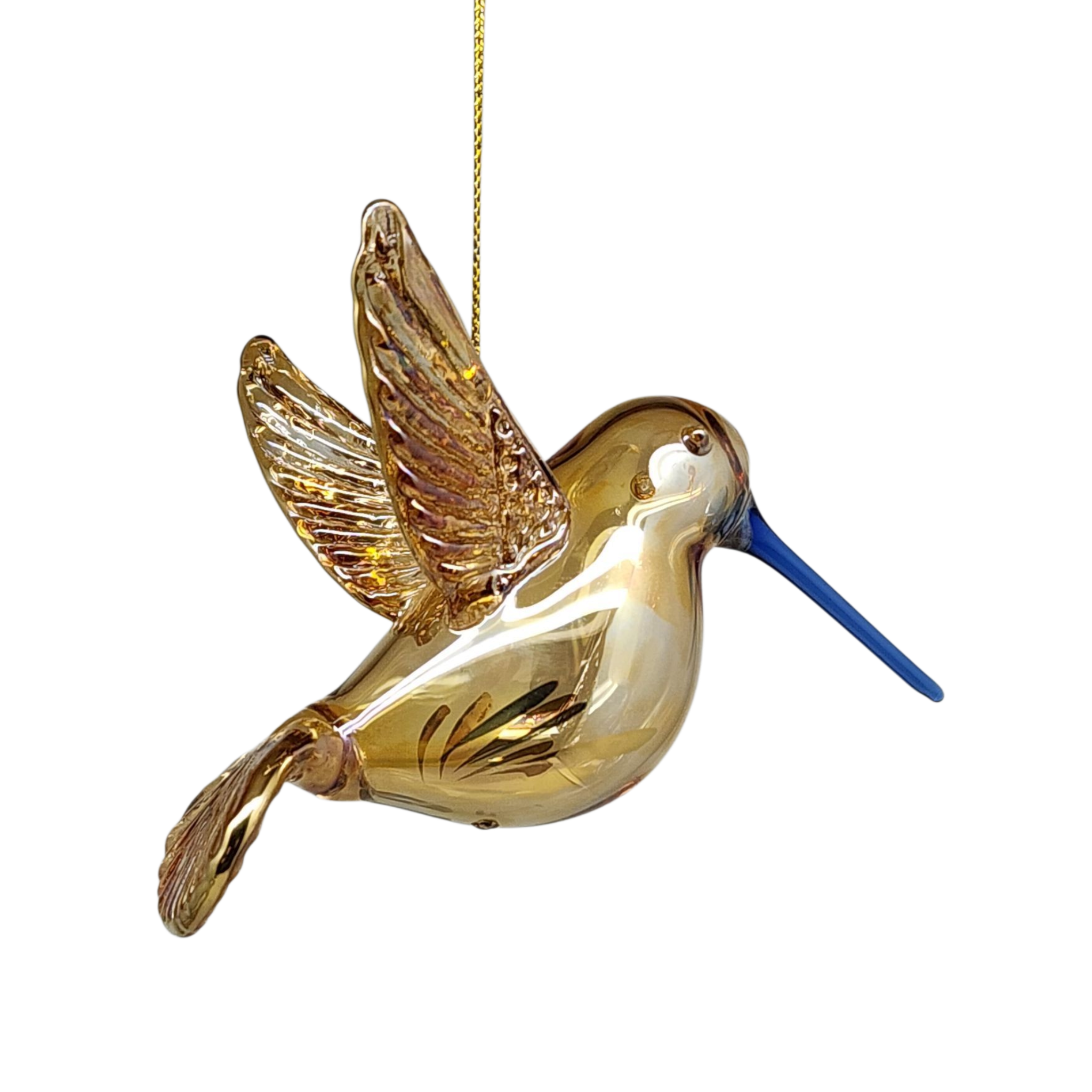Gold Etched Glass Hummingbird Ornament - Golden