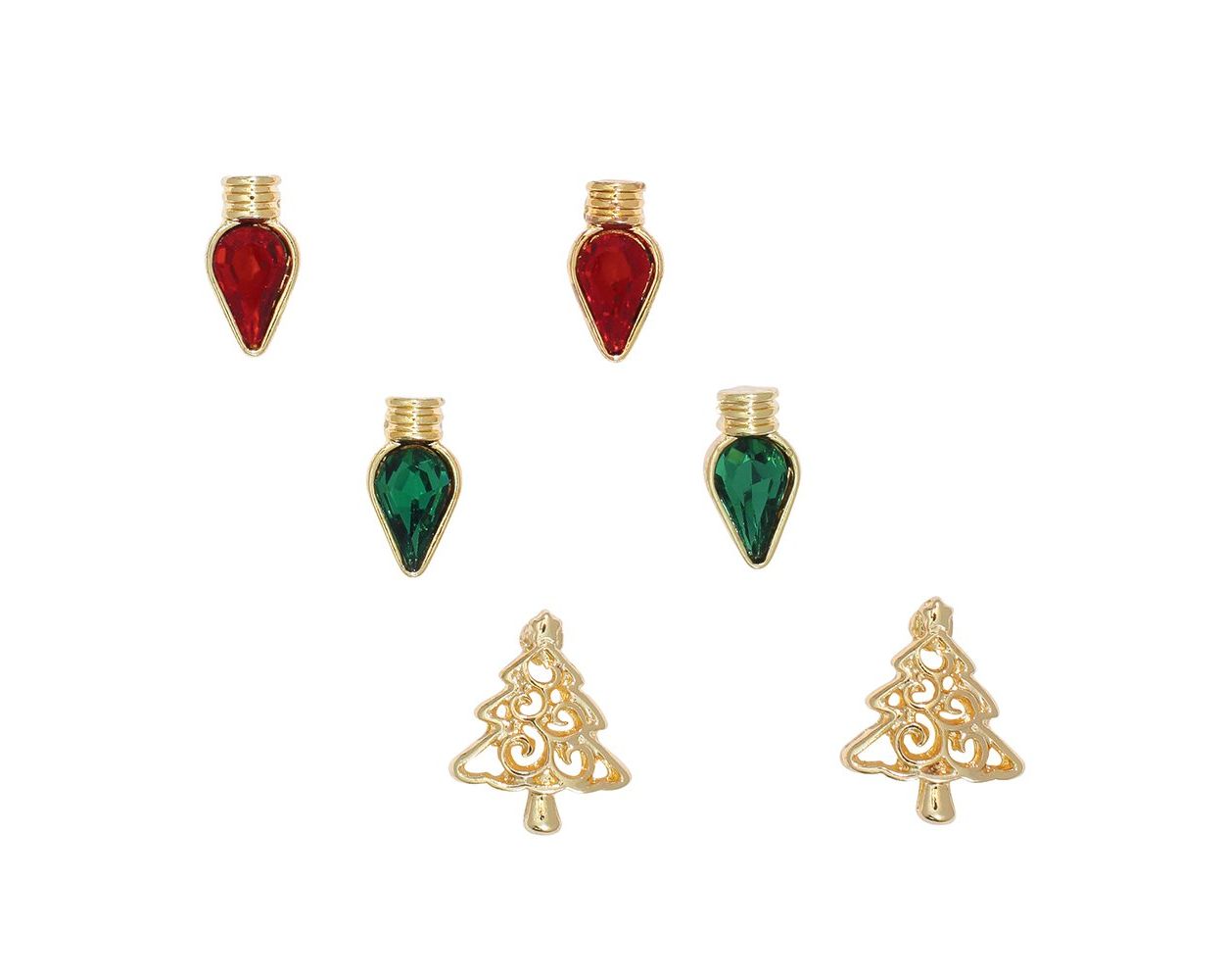 Gold Holiday Bulbs and Trees Trio Earrings