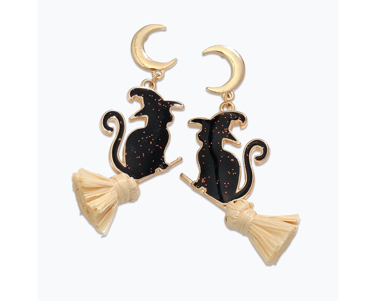 Gold Moons And Glitter Cats on Raffia Brooms Earrings