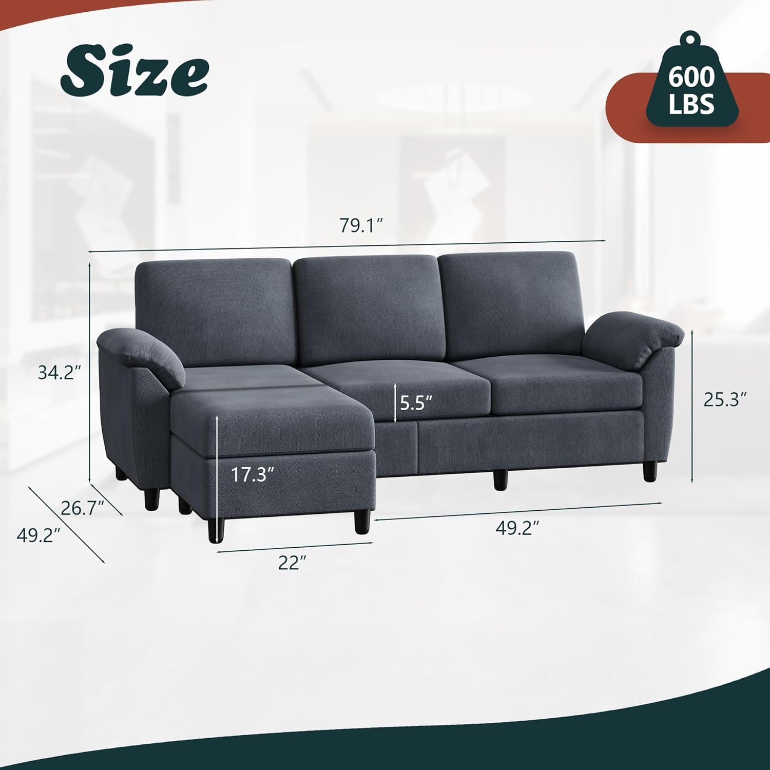 Gray Linen Sectional Sofa With Removable Pillows Included