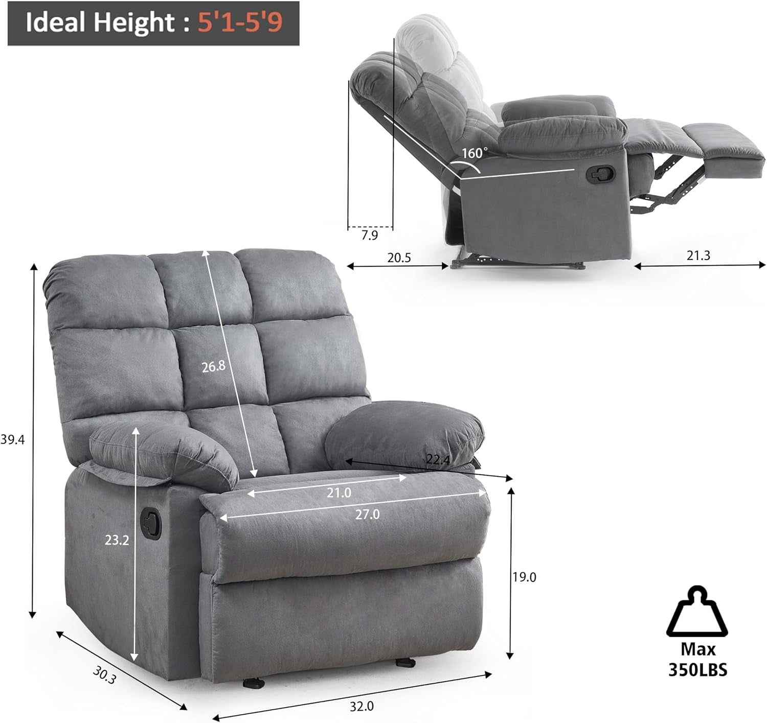 Gray Rocker Recliner Chair With Overstuffed Large Seat