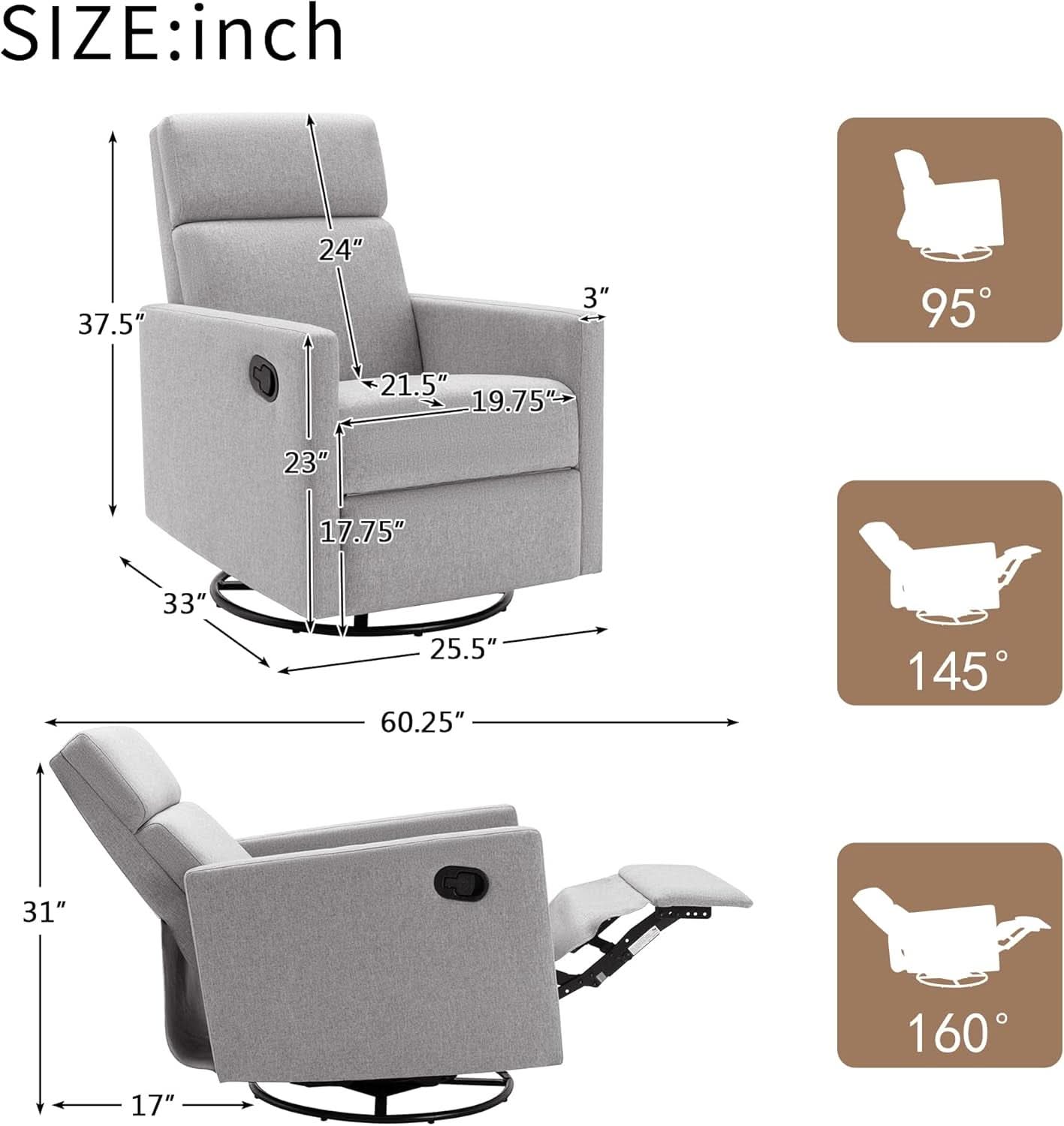 Gray Swivel Recliner Chair With Glider And Headrest