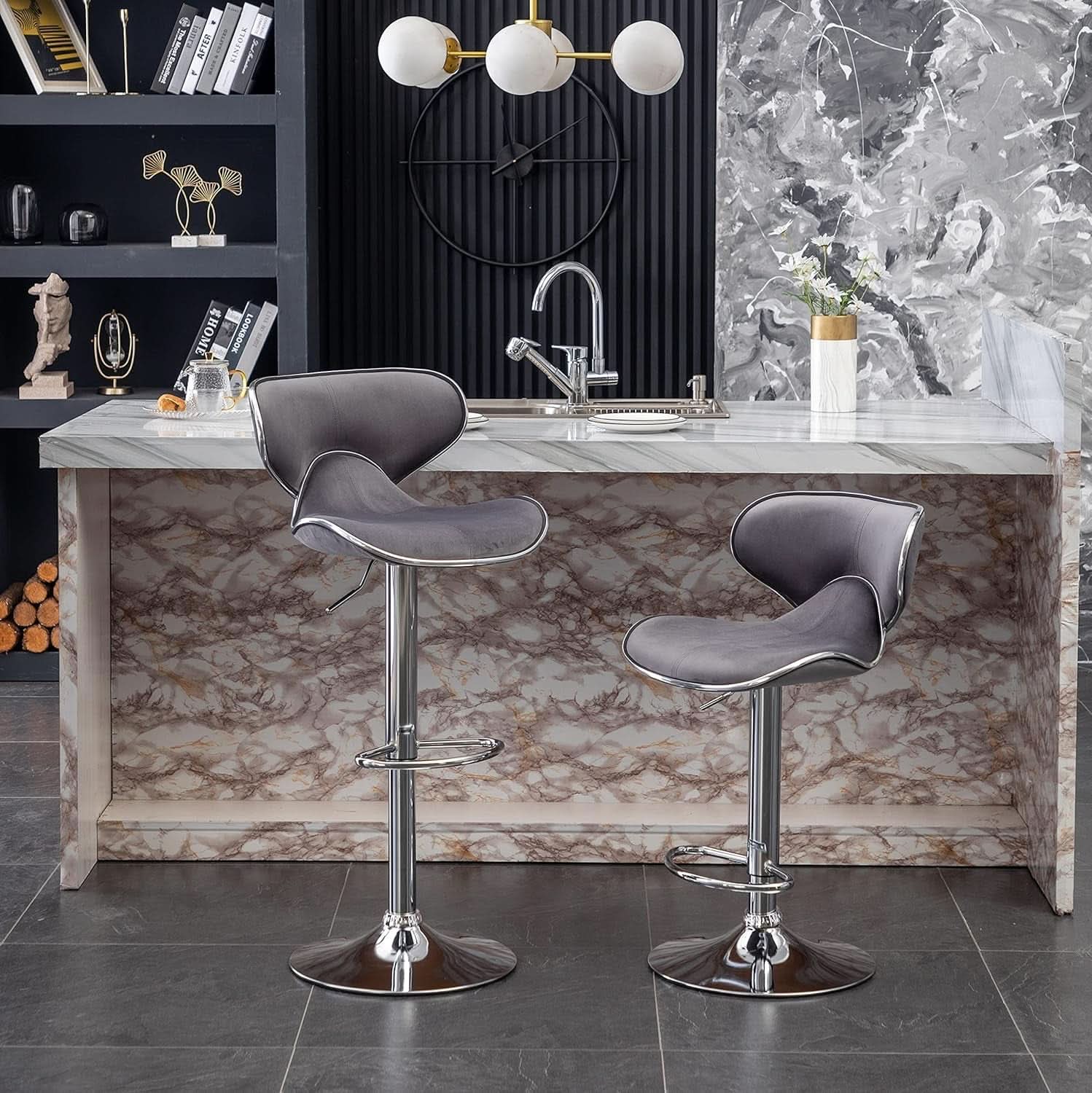 Gray Velvet Upholstered Adjustable Swivel Barstool Set of 2
