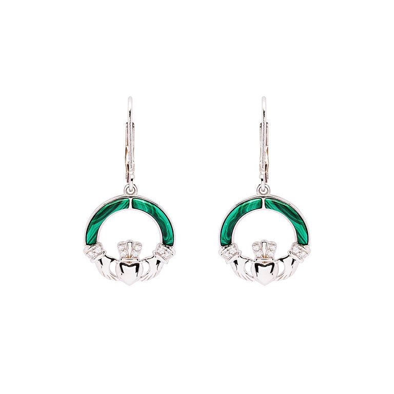 Green Malachite Sterling Silver Claddagh Drop Earrings