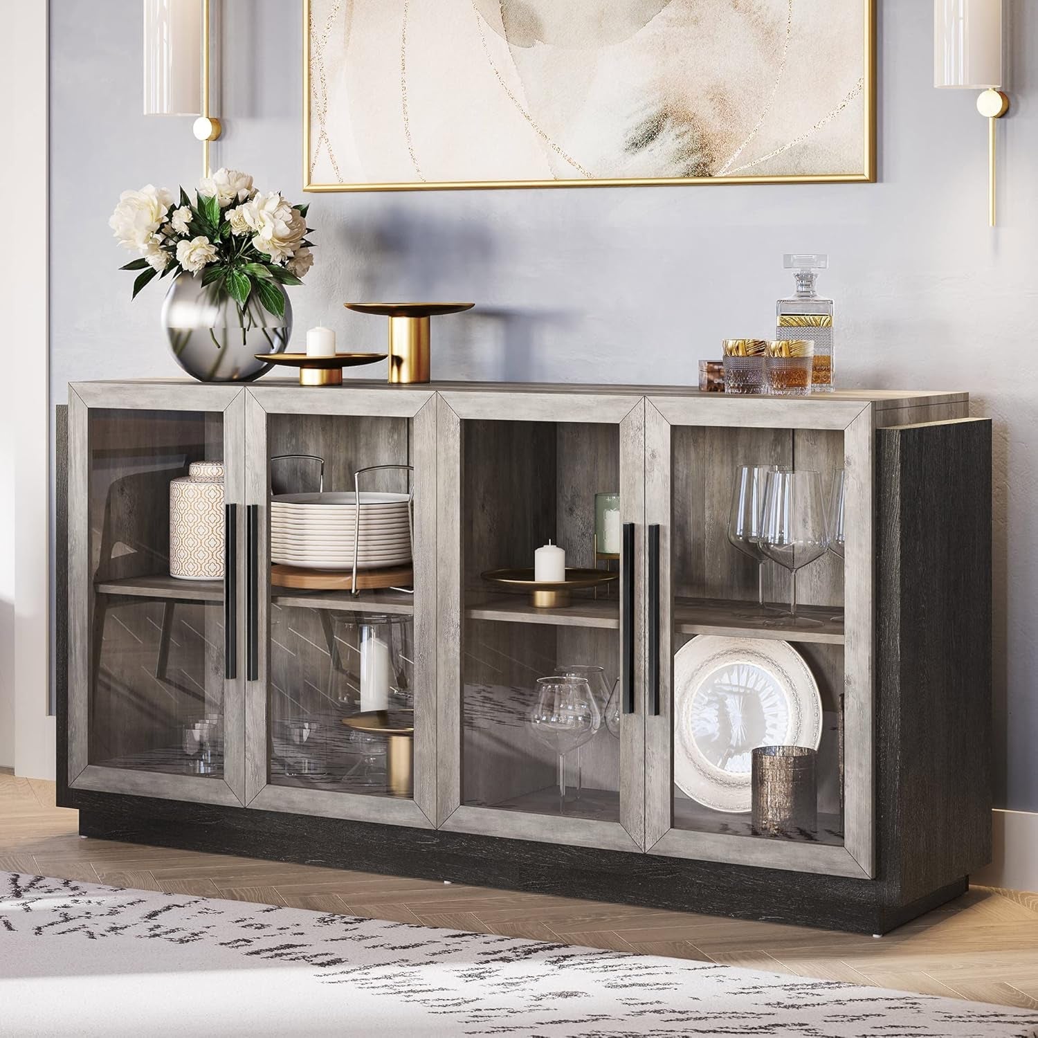 Grey Glass Doors Buffet Cabinet For Dining Room And Living Room