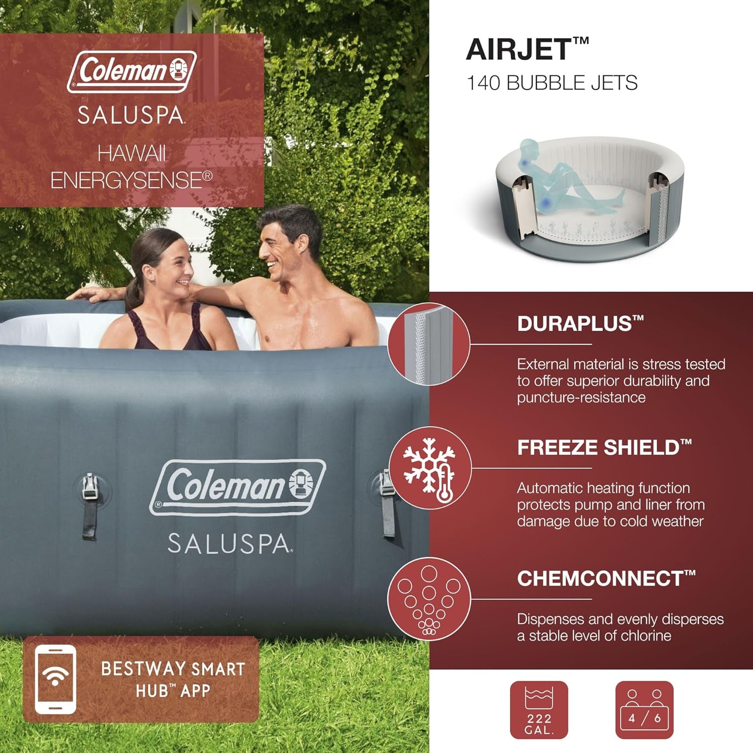 Grey Inflatable Hot Tub For 4 To 6 People Family Spa Outdoor