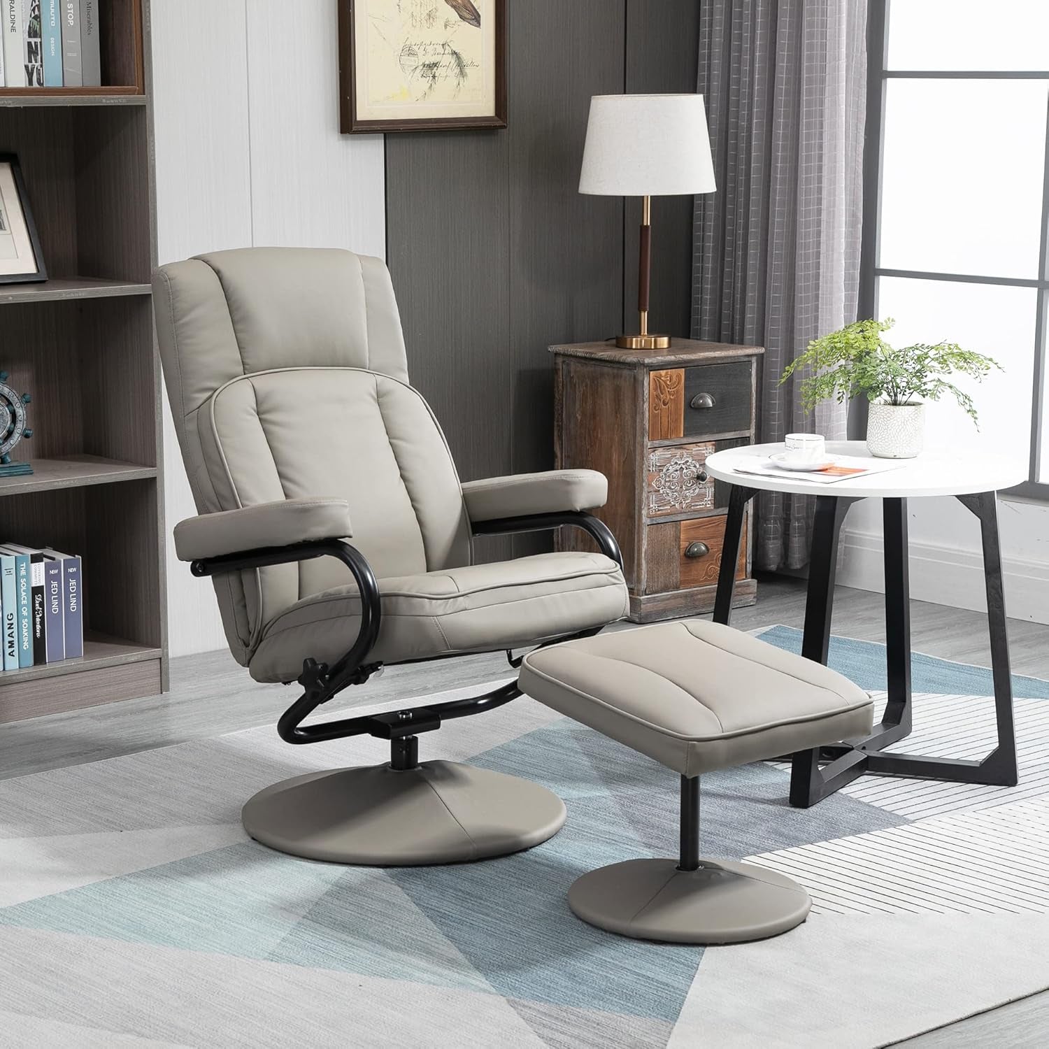 Grey Manual PU Leather Swivel Recliner With Ottoman