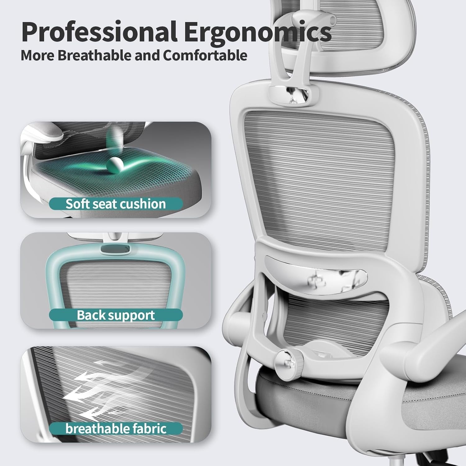 Grey Mesh Ergonomic Office Chair With Wheels 330 Lbs