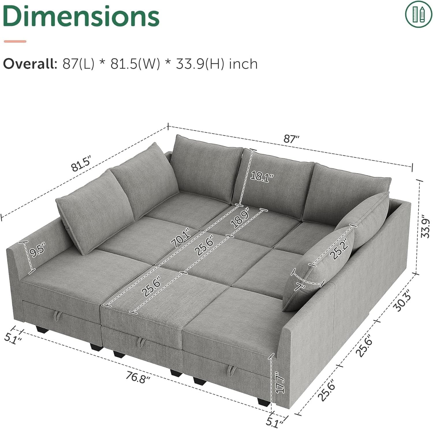Grey Modular Sectional Sofa With Storage And Sleeper