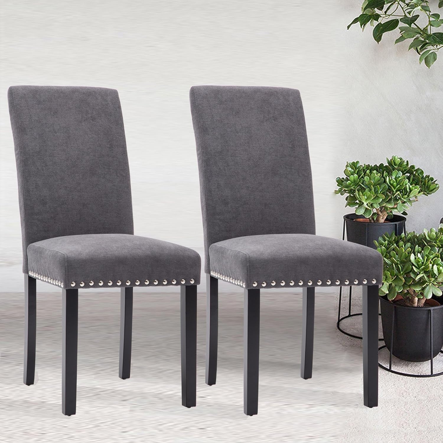 Grey Upholstered Dining Chairs With Copper Nailhead