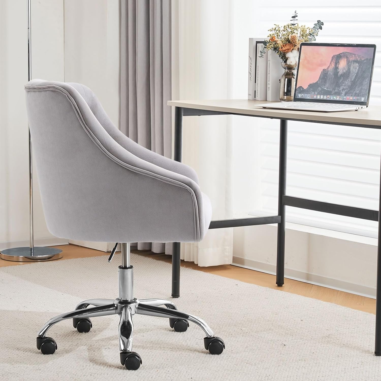 Grey Velvet Office Swivel Chair With 360 Degree Rotation