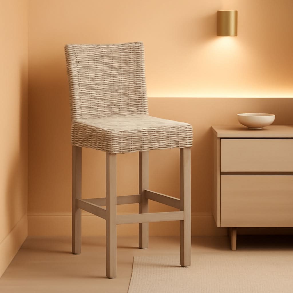 Grey Wash Rattan 30 Inch Bar Stool With Parsons Legs