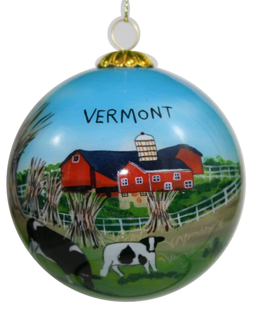 Hand Painted Glass Globe Ornament - Cows And Barns In Vermont