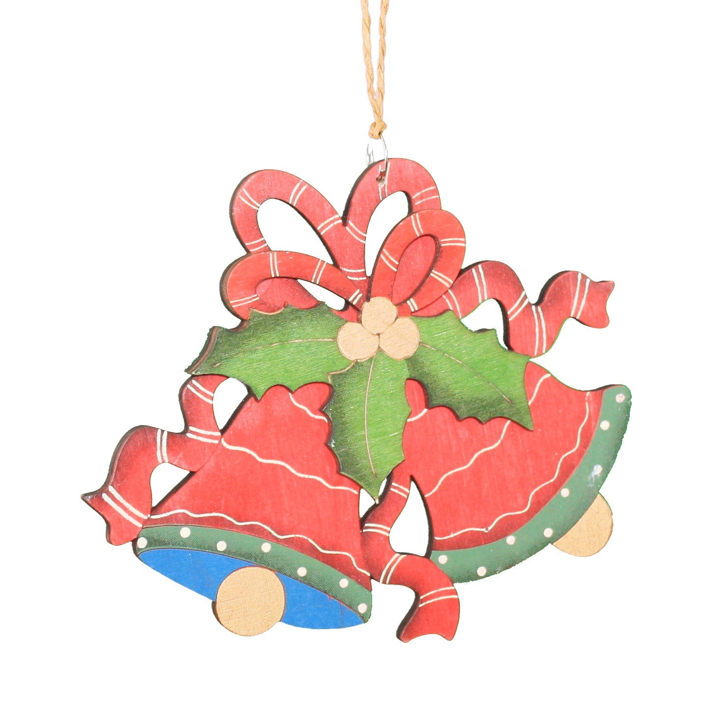 Hand Painted Wood Ornament - Bells - Red & Blue